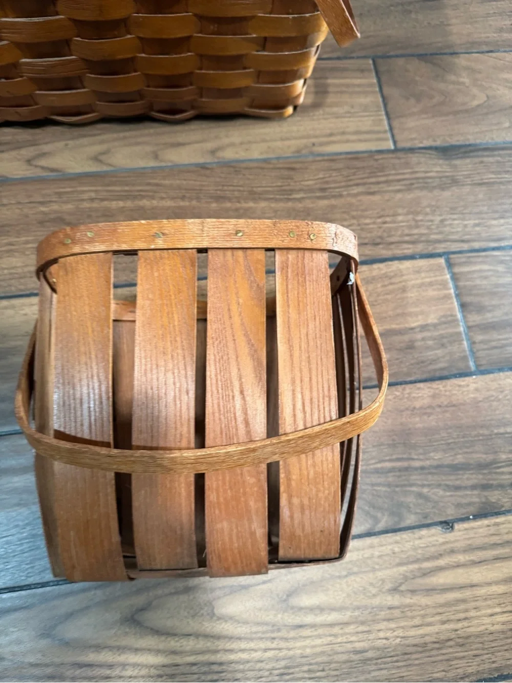 Mid Century Basketville woven oak Picnic Basket With Sliding Lid Doors brown